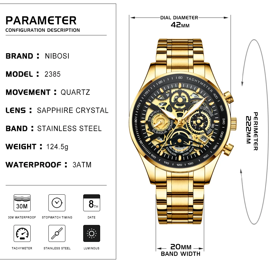 NIBOSI Gold Skeleton Mens Watches 2021 Top Luxury Brand Waterproof Quartz Wristwatch Sports Chronograph Clock Gift For Men Watch