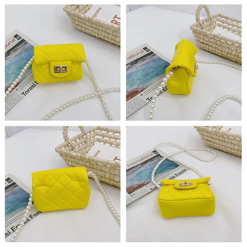 

New Children Shoulder Bag Fashion Lingge Crossbody Bag Mini Cute Female Bags Pearl Chain Girl Phone Pack Solid Leather Purse