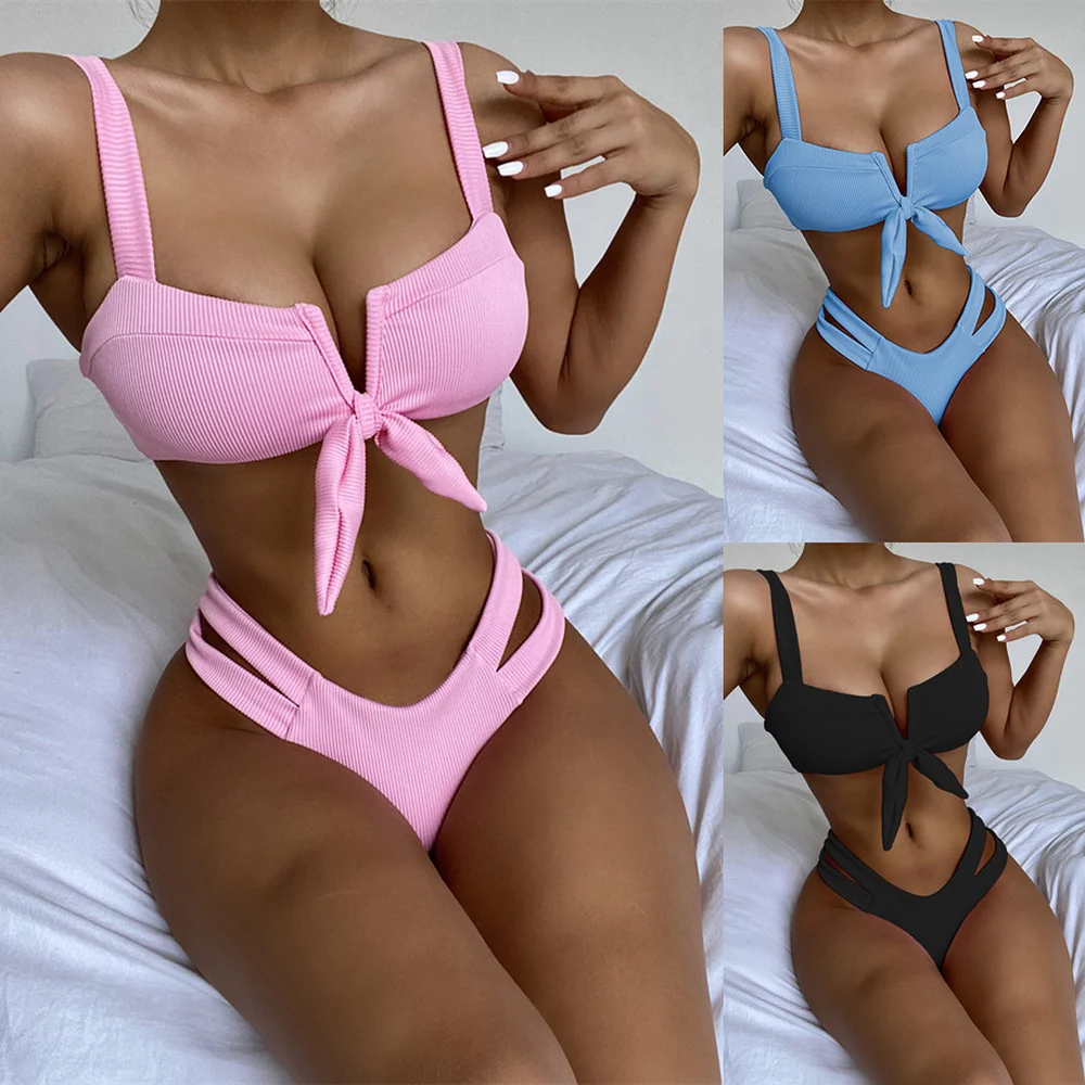 

Sexy V-neck Bikini Fashion Pink Women's Swimsuit Knot Design Swimwear Low Waist Thong Bikinis Party Tanga Brazilian Bathing Suit
