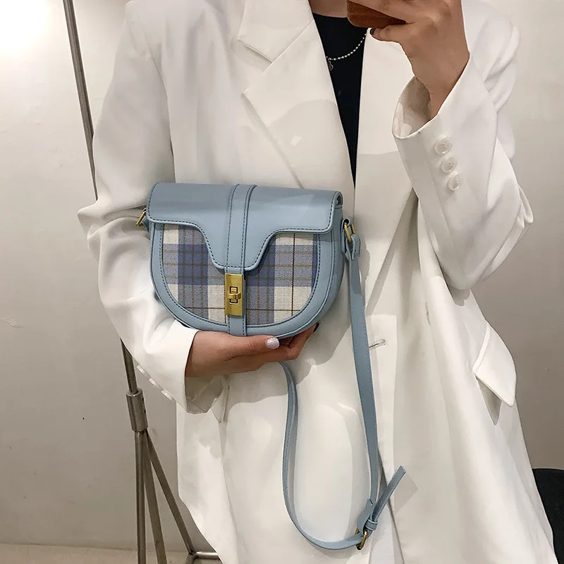 

New Contrasting Color Plaid Saddle Bag Women Summer PU Leather Simple Crossbody Bag Lady Cute Small Purses Shoulder Bag 2021