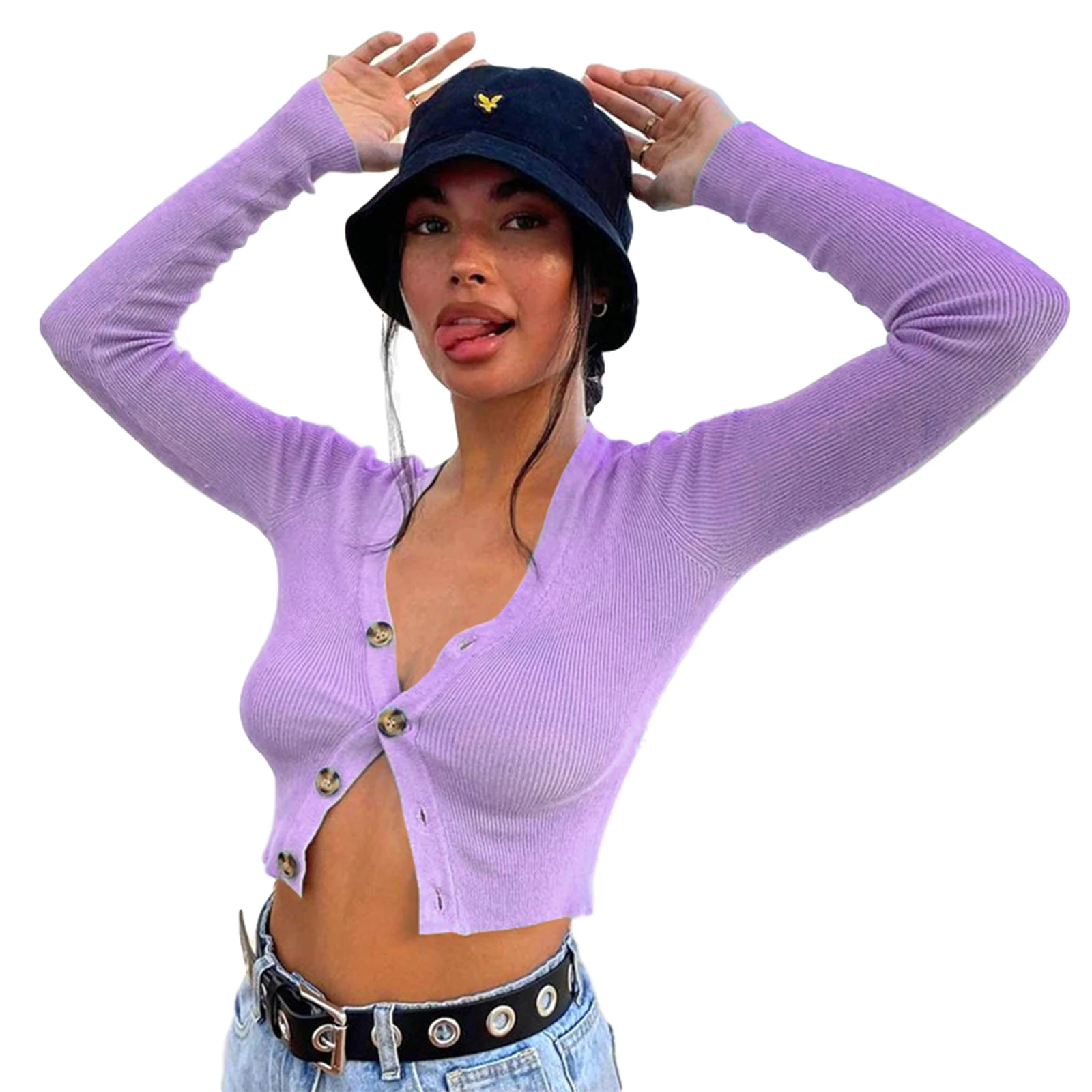 Женский однобортный Укороченный кардиган с длинным рукавом и v-образным вырезом