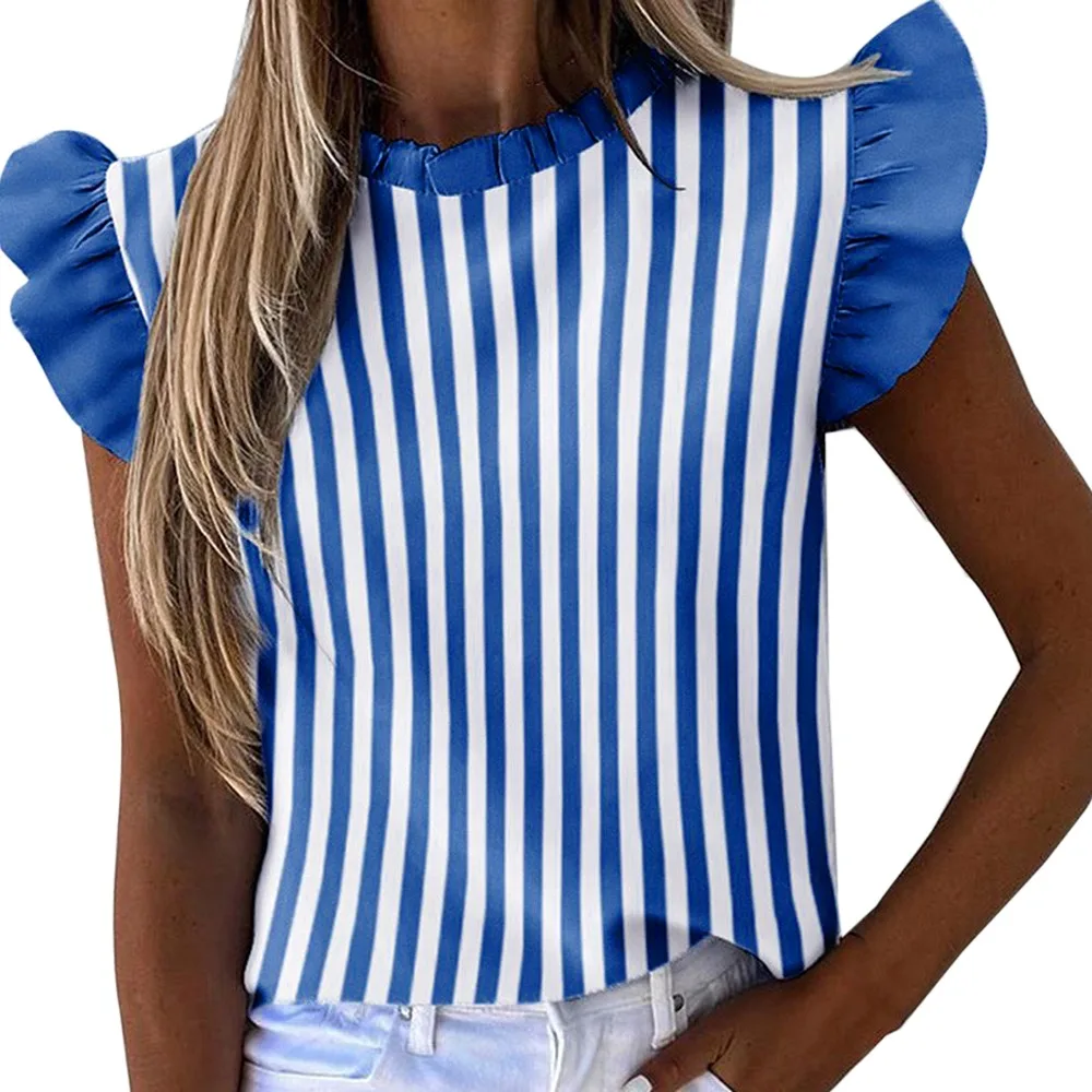 Женская блузка с рюшами летняя рубашка коротким рукавом круглым вырезом принтом