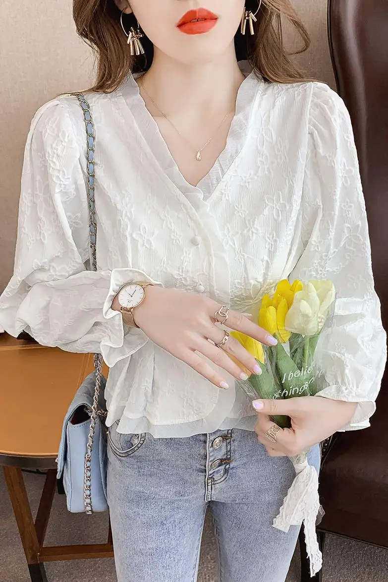 

2021 New Long Sleeve Chiffon French Style Blouse Women Elegant Farle Sleeve Fashion Women's Shirt Patchwork Ruffle Lace Tops