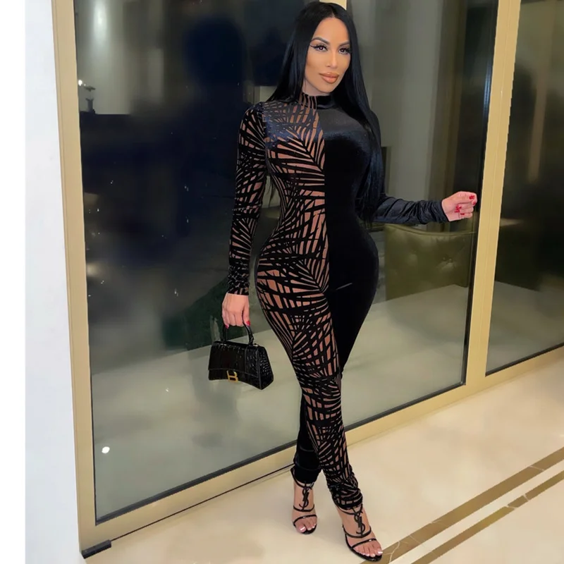 

Сексуальные комбинезоны, Женская Клубная одежда для вечерние, Клубные наряды, облегающие комбинезоны с принтом в стиле пэчворк, цельный ком...