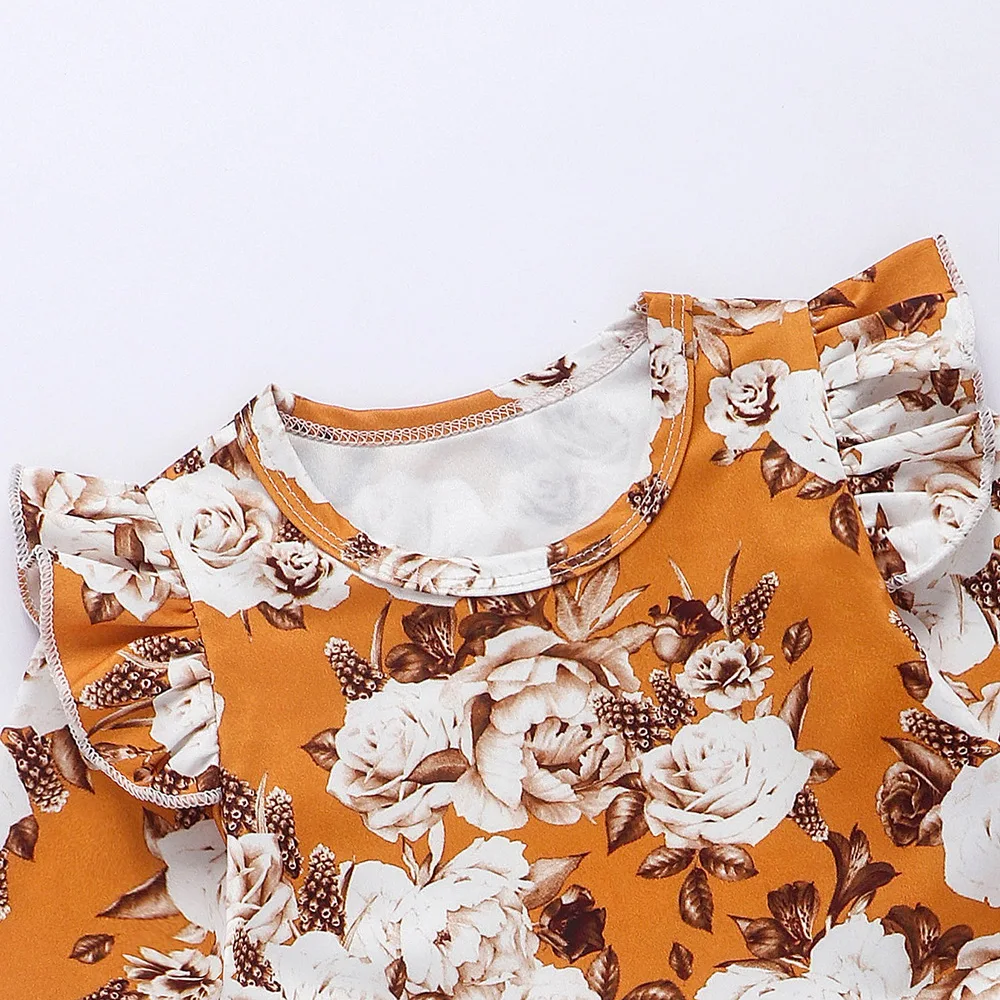 Топ с оборками и цветочным принтом для маленьких девочек + оранжевые однотонные