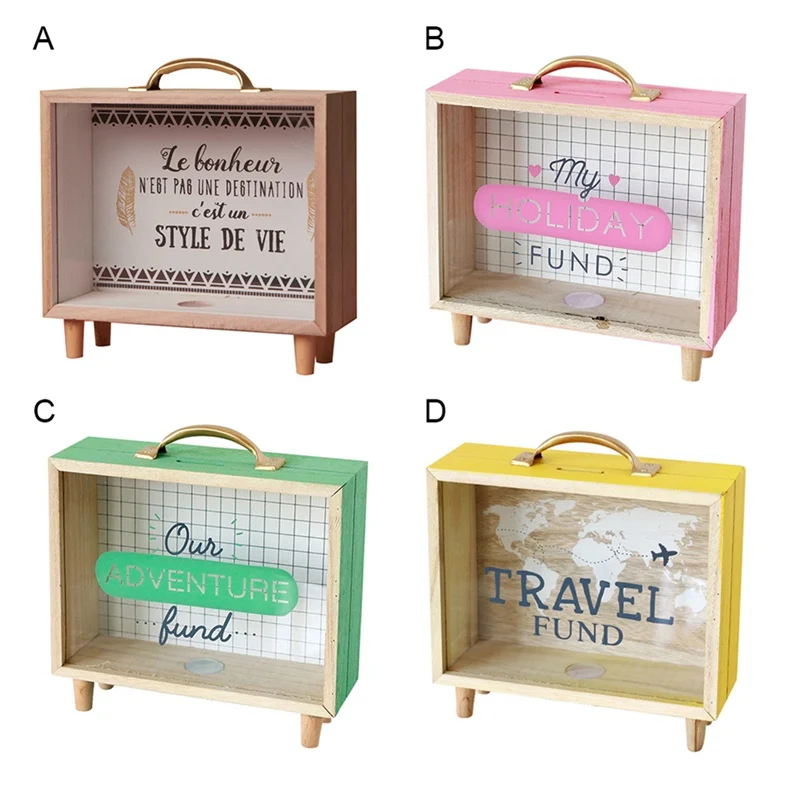 Wooden Money Bank Coin Piggy Money Boxes Home Decor Gift Kids Children With Glass Household Money Saving Box Decoration Craft
