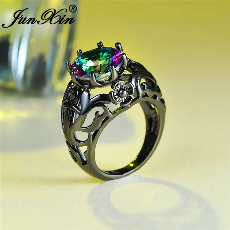 Винтажное кольцо с круглым радужным кристаллом и камнем Черное золото для женщин