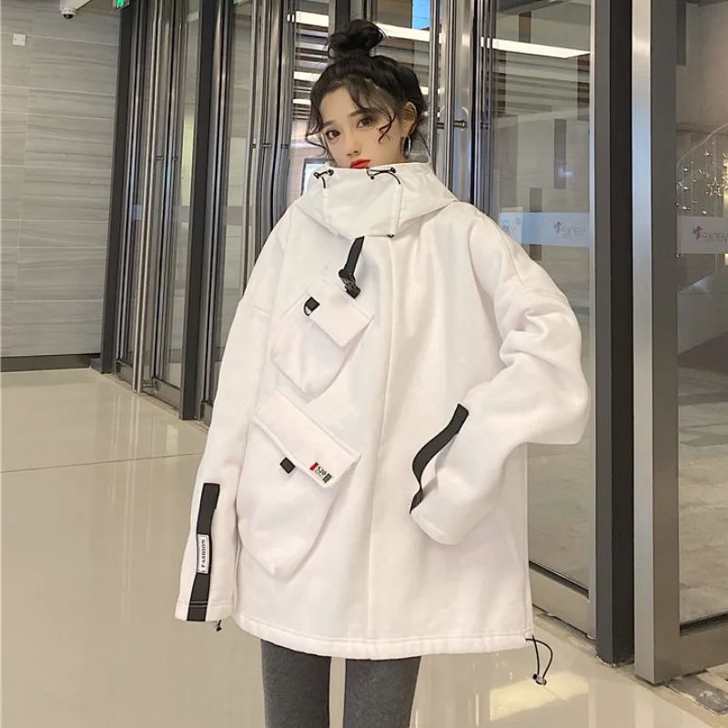 

Women's Hoodie Added Velvet Tooling Turtleneck Coat Hooded Long-sleeved Drawstring Wind Coat Long Fleece Loose Languid 2021 New