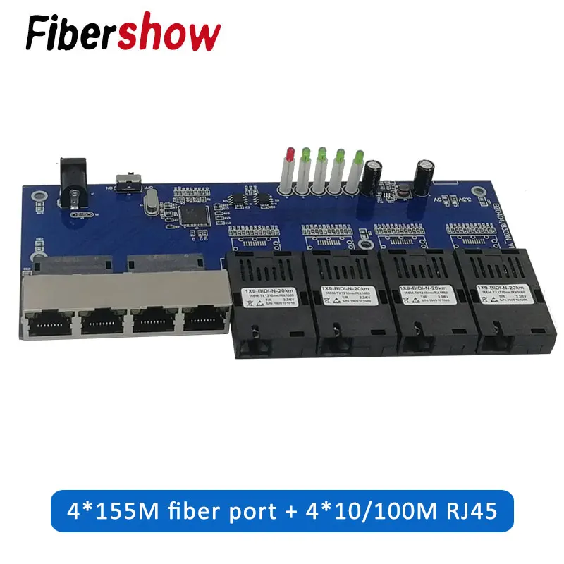 Оптоволоконный переключатель Ethernet 4 RJ45 4 SC оптический медиа конвертер одномодовый волоконно-оптический Порты и разъёмы 10/100 м PCBA