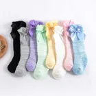Детские носки из чесаного хлопка, сетчатые носки в горизонтальную полоску с бантиками для маленьких девочек, летние носки для новорожденных, длинные носки принцессы до колена