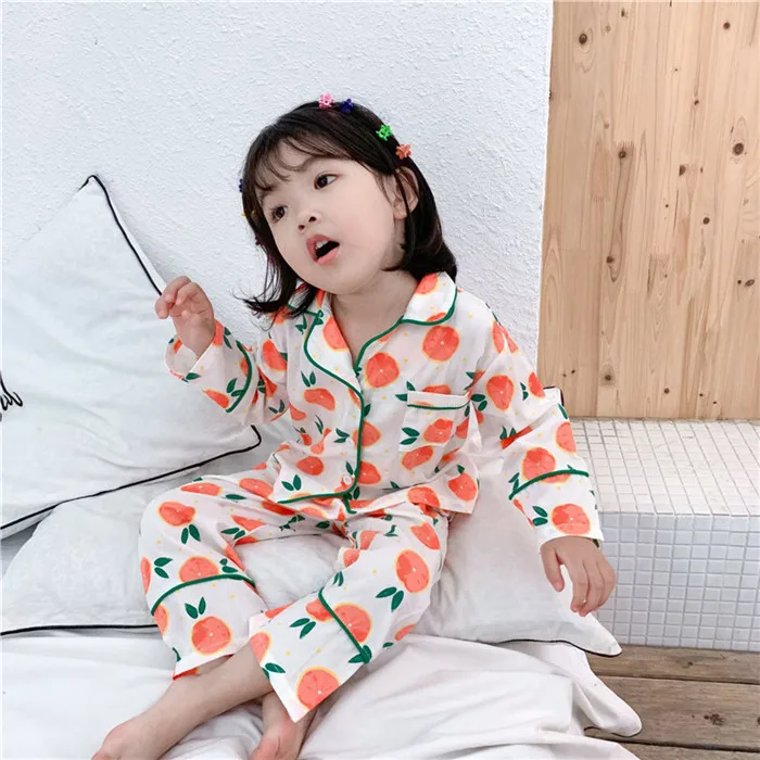 Grapefruit prints Г. детский пижамный комплект, кружевное ночное белье для маленьких девочек хлопковая одежда для отдыха с длинными рукавами детские пижамы комплект одежды для девочек от 2 до 8 лет - Цвет: Grapefruit prints