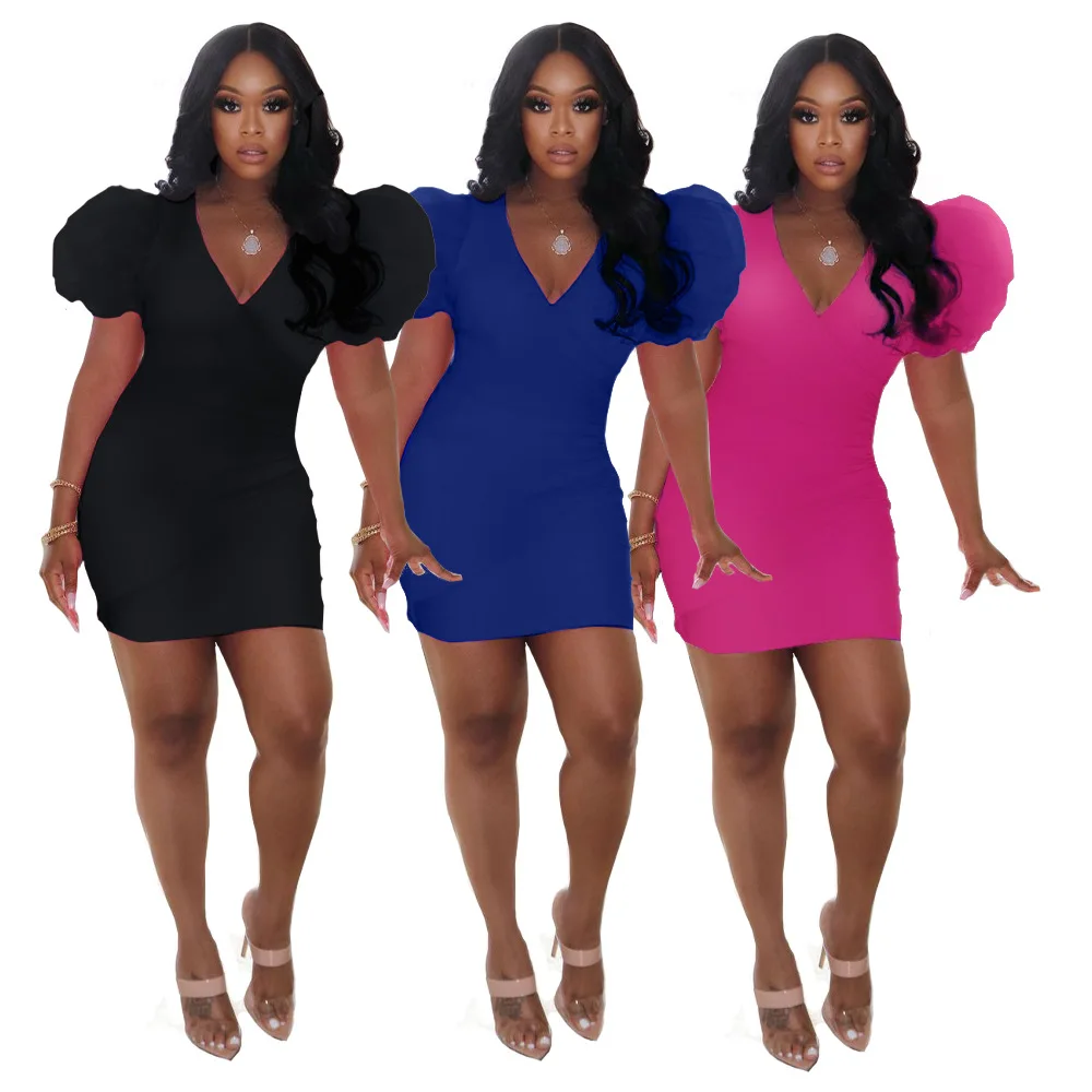 

S-XXXL Women's V-neck Sexy Feminine Tight Formal Dress Puff Sleeve