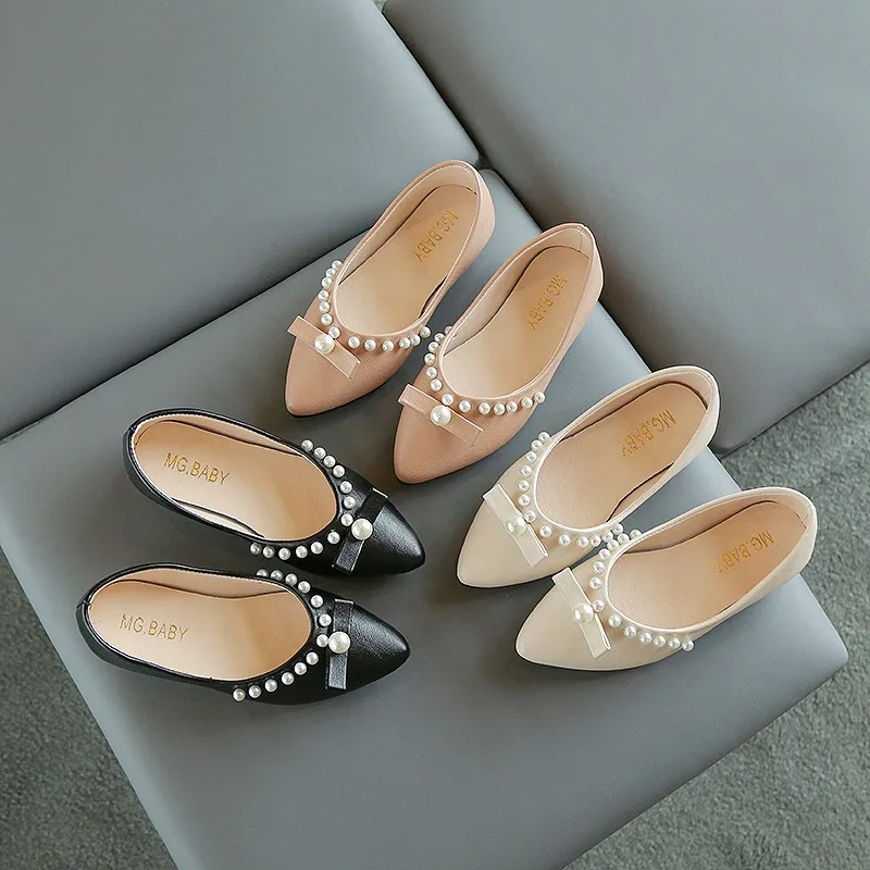 

Fashion Girls Pointed Toe Flats Soft Leather Princess Shoes All Match 3-18 Years Old Kids Shoes Elegant Pearls T21N08LS-03