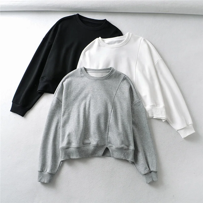 

ZURICHOUSE Solid Color Sweatshirt Women Casual Fashion Irregular Spliced O-neck Long Sleeve Cropped Hoodie Pullover Tops