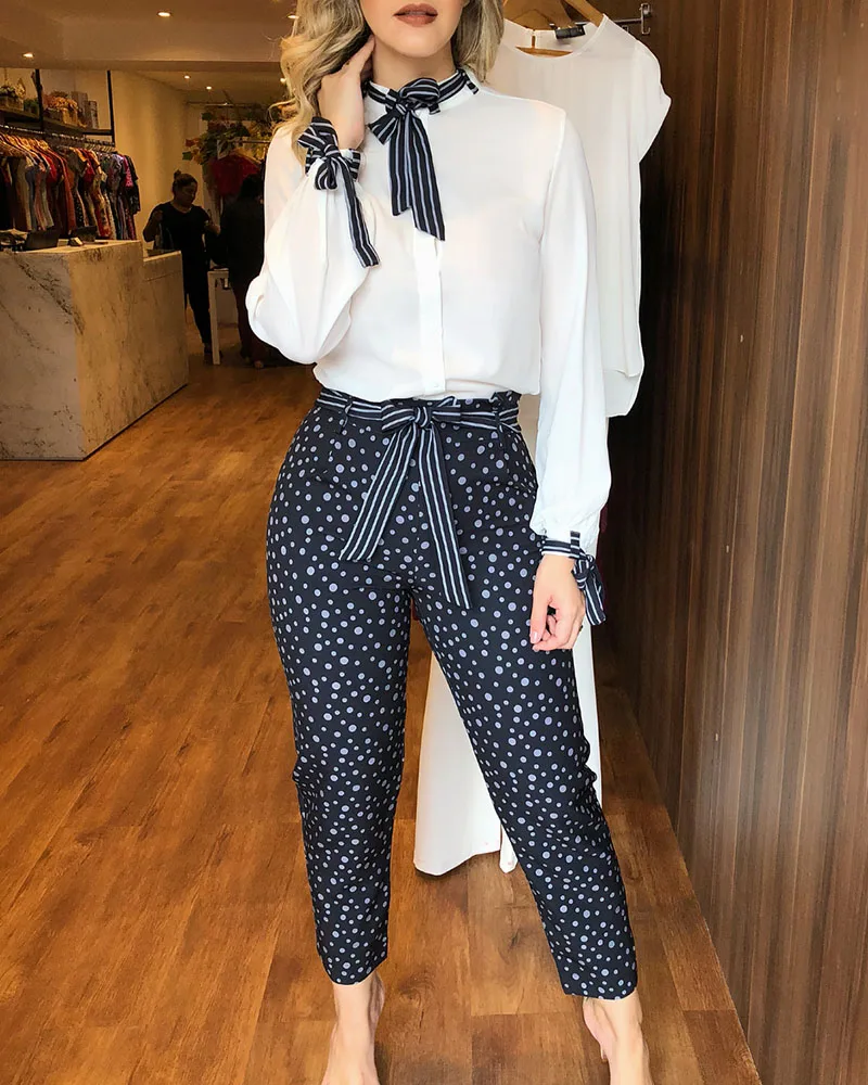 

Women Fashion Two-Piece Set Casual Wear Suits Set Sports wear Tied Detail Top & Polkadot Print Pants Set