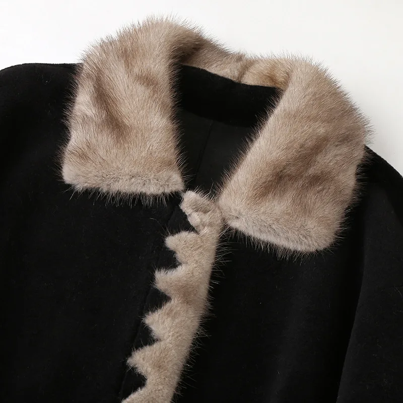 Fashion Mink Collar Coat Sheepskin Black Winter Luxury Long Loose Thick Warm Real Fur Office Wool Overcoat High Quality Outwear