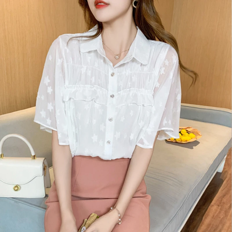 

LJSXLS Short Sleeve Women's Blouse Summer Chiffon Turn-down Collar Shirts Women Chic Ruffles Top Femme White All-match Clothes