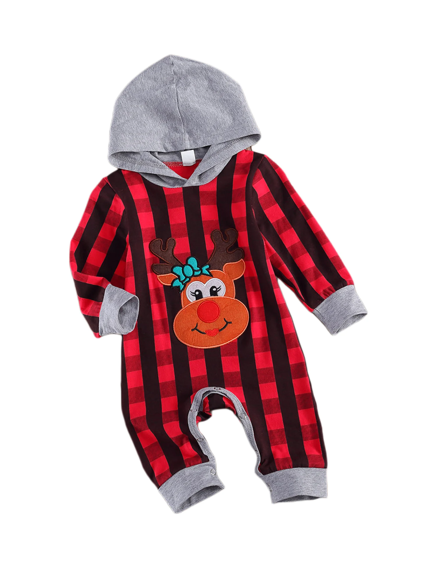 

Babys Christmas Lattice Jumpsuit Toddler Boy Girl Long Sleeve Reindeer Printing Hooded Romper