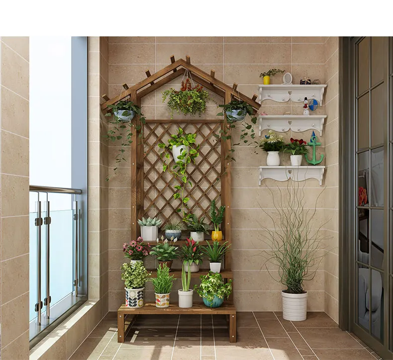 Floor flower stand wooden balcony flower rack solid wood flower rack indoor plant stand for living room flower pot plant rack