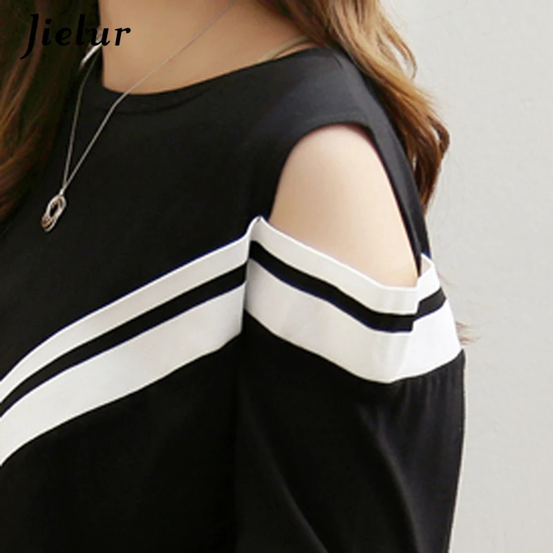 Женская футболка с открытыми плечами Jielur черная круглым вырезом новая осенняя
