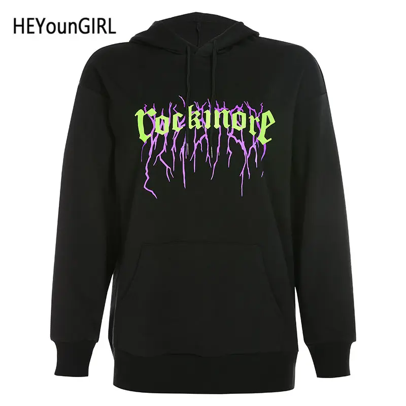 Черный HEYounGIRL/Женская толстовка с принтом в стиле Харадзюку, Свободный Повседневный длинный свитер, пуловер с длинными рукавами, худи, платье, осенняя уличная одежда - Цвет: Черный