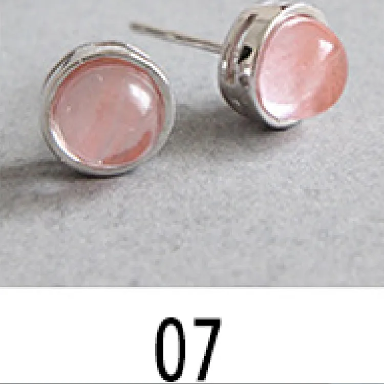 07 Круглые серьги-гвоздики с лунным камнем, 925 пробы, серебряные серьги, набор с натуральным камнем, студенческий стиль, лучший друг, подарок, модное ювелирное изделие - Окраска металла: 07