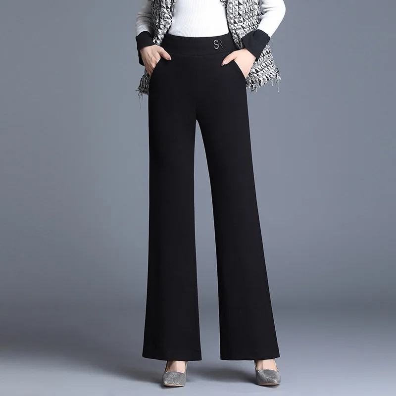 Женские зимние высокие эластичные расклешенные брюки Однотонные свободные