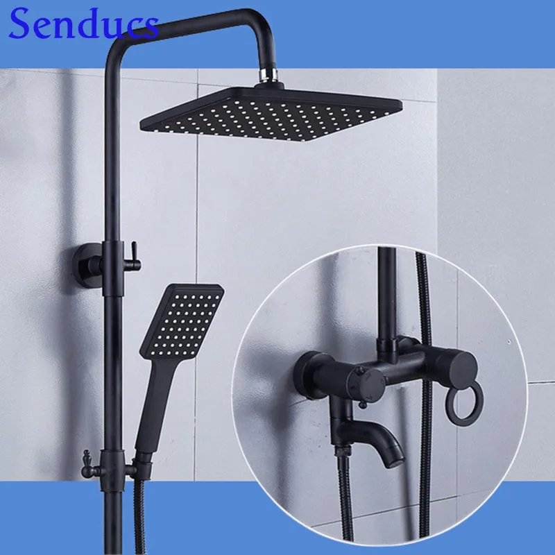 

Matte Black Minimalistic Bathroom Shower System Wall Mounted Brass Ring-shaped handle Thermostatic set Bubbling spray Faucets