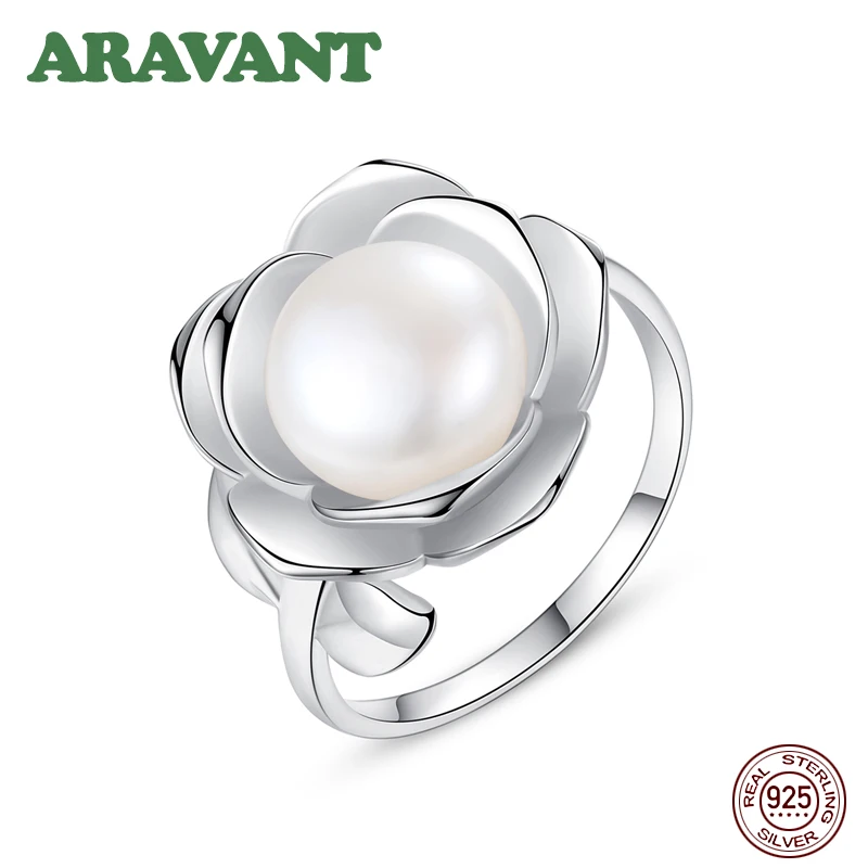 

925 Sterling Silver Jewelry Big Rose Flowers White Natural Pearl Rings For Women Ring Adjustable