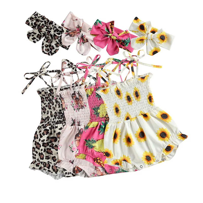 

Lovely Baby Girl Lace-Up Suspender Romper Floral Printing Pleated Elastic Ruffles Jumpsuits Headband Newborn Baby Girls Rompers