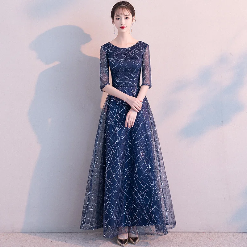 Женское вечернее платье Popodion длинное синее большого размера с блестками