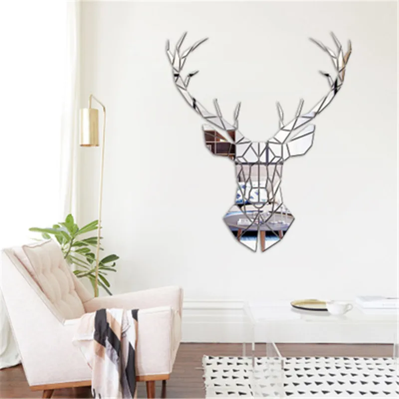 3D зеркальные акриловые настенные наклейки с головой оленя декоративные в