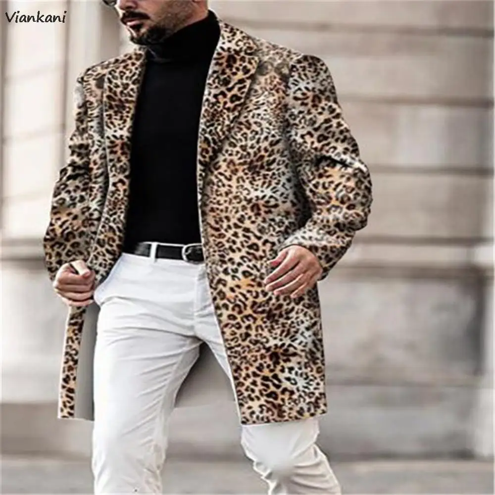 

2021 Autumn Men's Jacket Hot Selling Young Winter Leopard Printed Casual Jackets Vintage Mid-Length Lapel Coat Fashion Clothes