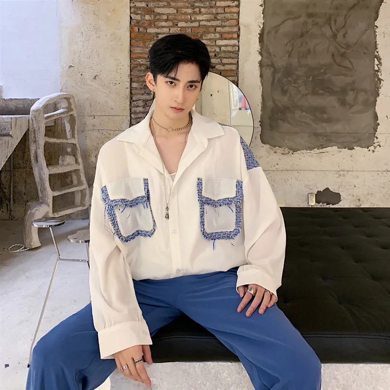 Большой карман лоскутное дизайн рубашки для мужчин с длинным рукавом Свободные