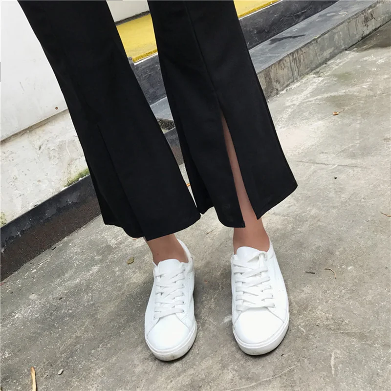 

Pants Women Solid Color Ankle-Length Elastic Waist High Flare Trousers Pockets Students All-match Spring Streetwear Harajuku New