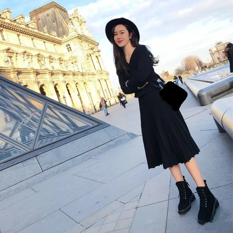 Женский свитер с v образным вырезом и высокой талией комплект юбкой трикотажный