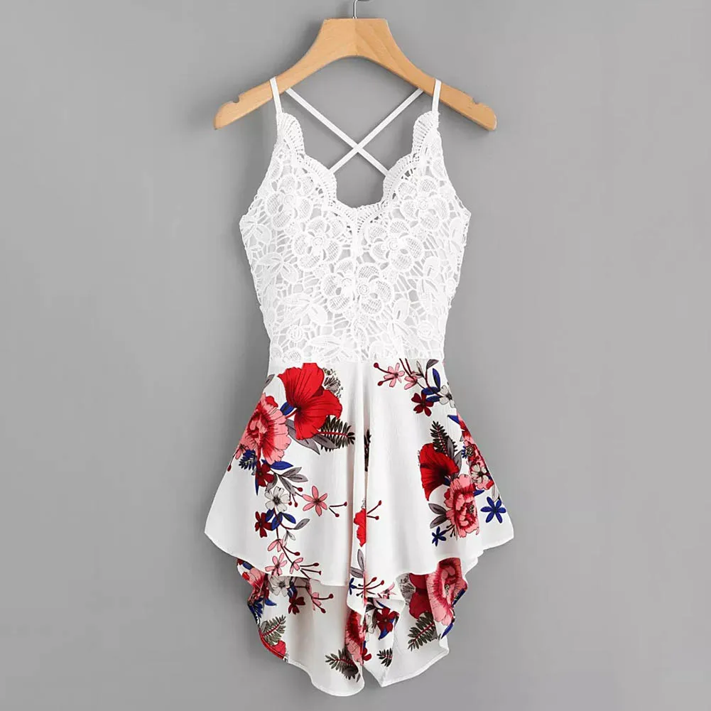 Летний женский кружевной комбинезон без рукавов с цветочным принтом и открытой