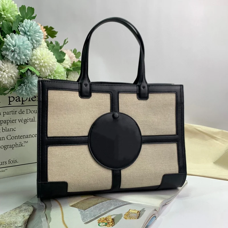 

Design retro contrast color large capacity canvas stitching leather handbag women's new fashion tote bag multifunctional