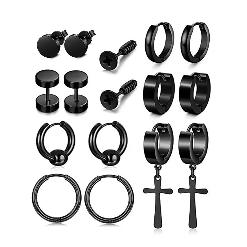 

1 Pair Punk Black Multiple Styles Stainless Steel Stud Earrings For Men Women Gothic Street Pop Hip Hop Ear Jewelry Pendientes