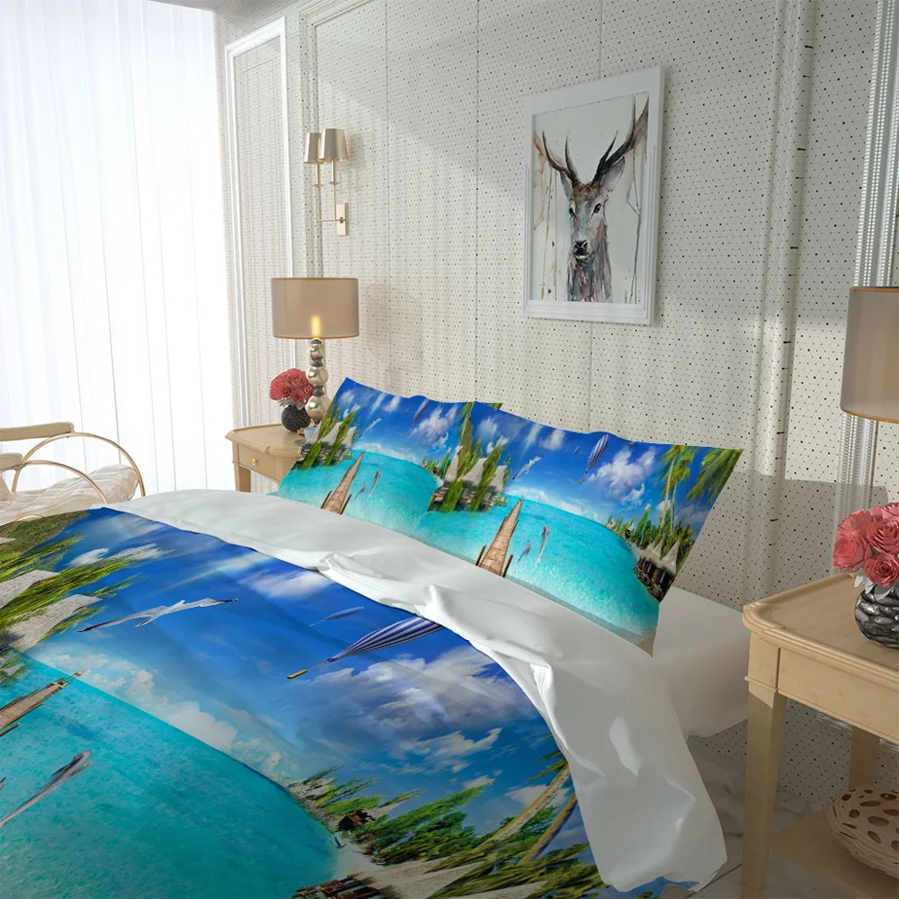 twin bedding blue beach wood birdge set Pillowcase Polyester Bed Set Home Textiles | Дом и сад