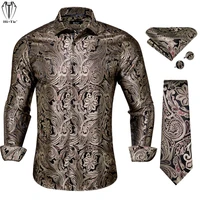 hi tie silk mens shirts long sleeve brown floral shirt with gold blue red tie hanky cufflinks set for men slim fit high quality