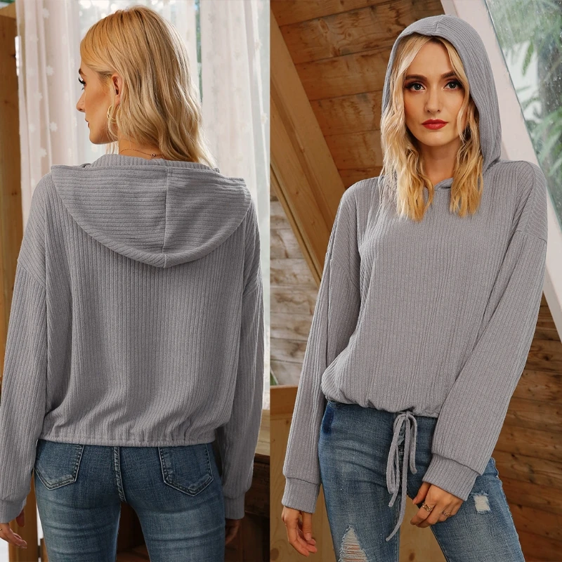 

Women Autumn Long Sleeve Pullover Hoodies Solid Color Ribbed Striped Sweatshirt Lace-Up Drawstring Hem Casual Loose Tops Streetw