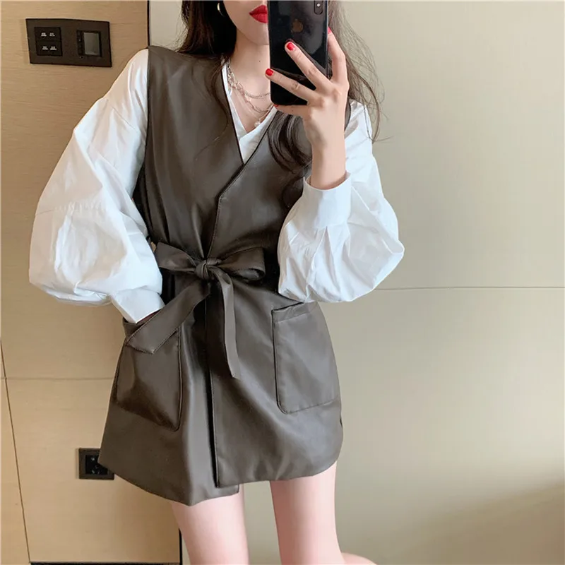 

2021 Ранняя осень Новый стильный модный костюм свободная внутренняя рубашка + сексуальный жилет из искусственной кожи жилет для офиса для жен...