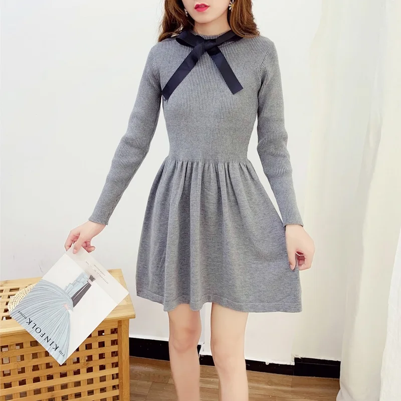 ALPHALMODA осеннее трикотажное платье с длинными рукавами и галстуком-бабочкой, милое женское платье с тонкой талией в консервативном стиле, трикотажное платье