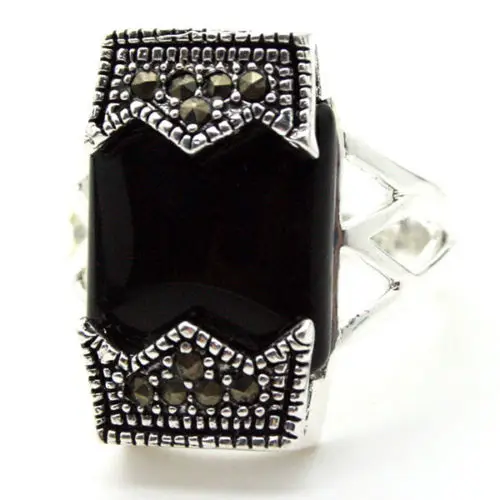 wholesale good 24*13mm 925 SILVER BELT NATURAL OBLONG BLACK AGATE MARCASITE RING SIZE 7/8/9/10 Fine man's jewelry Genuine Wedd |