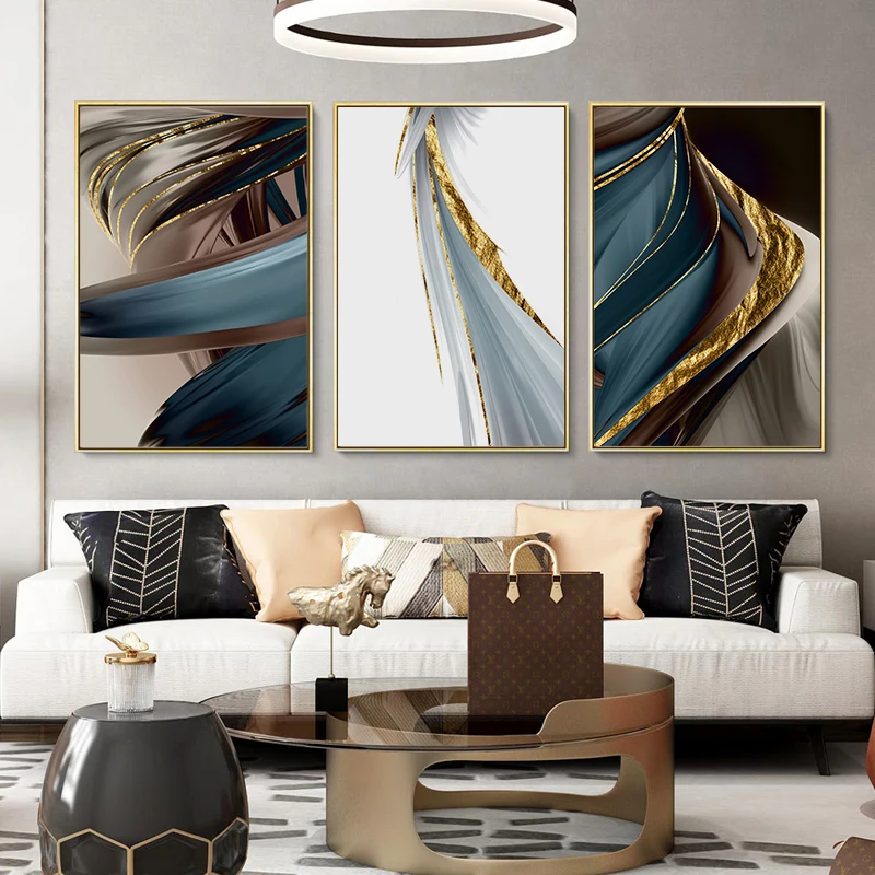

Luxury Triptych Painting Nordic Abstract Golden Line Canvas Poster Home Decoration Wall Art Decor Print Aisle Pictures For Porch