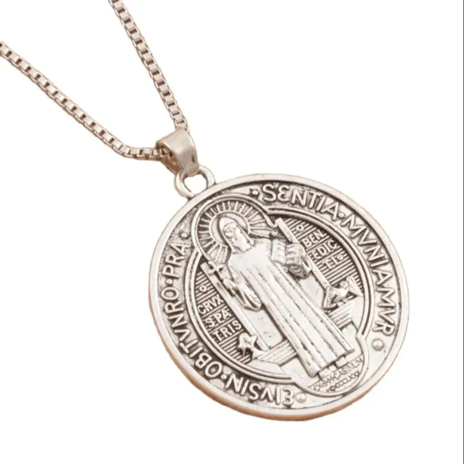 

Saint St Benedict of Nursia Patron Against Evil Cross Medal Big 35x31mm Pendant Necklace N1646 24inches Chains