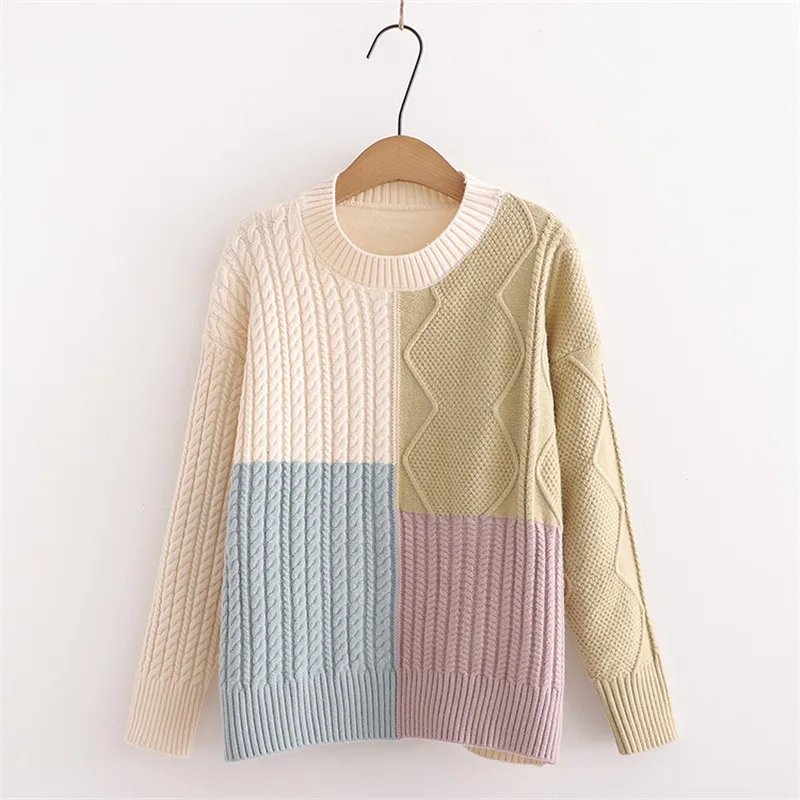 

New Round neck Women's Tops Long Sleeve Clothes Loose Pullover Knitted Bottoming Shirts Color matching Knitted Sweaters