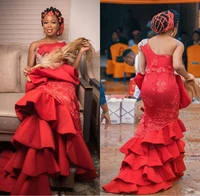 red sexy one shoulder bridal dresses aso ebi tiered ruffles prom gown plus size african formal party dress tassel evening dress