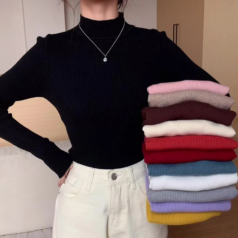 

Pull Femme Black Half Hight Collar Slim Long Sleeve Pullovers Sweaters Women Elastic Soild Basic 2021 Atutumn Winter New Sweater